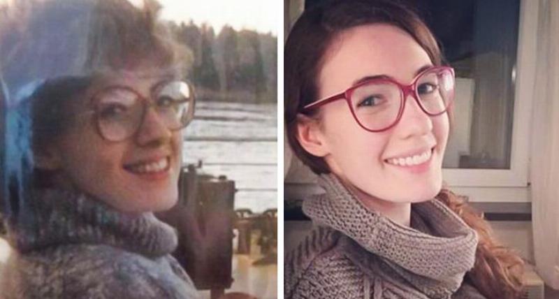 side by side of woman and her daughter at the same age smiling n grey sweater with glasses on
