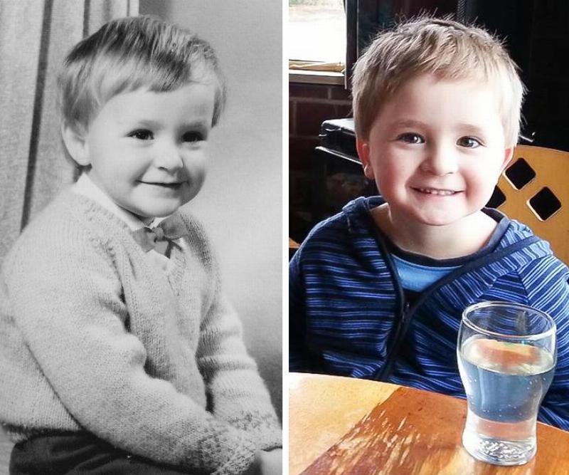side by side image of kid in black and white and in present