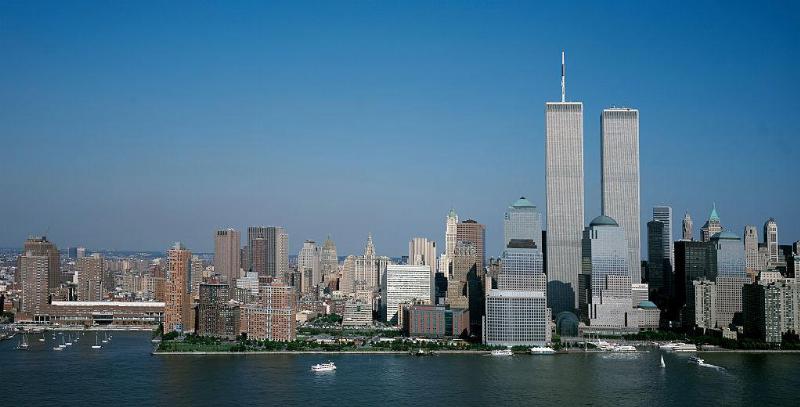 UNITED STATES - AUGUST 04: A pristine day looking toward lower Manhattan across the East River, one month before the World Trade Center Twin Towers fell in 2001. New York, New York