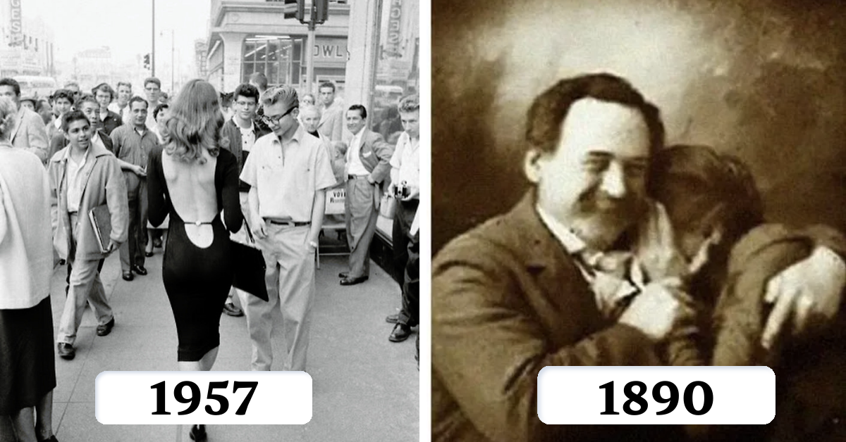 Backless woman on the left, women hiding her face in her husband's shoulder on the right