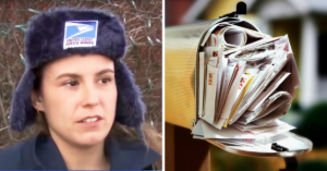 split image of mail carrier on the left and full mailbox on the right