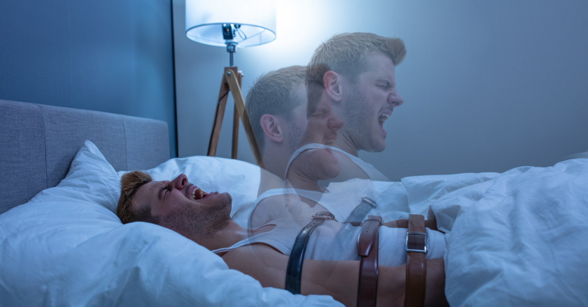 man strapped to bed with illusion of him getting up