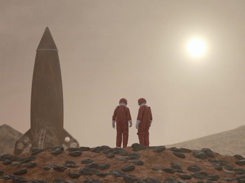 two astraunts standing beside shuttle on Mars