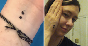 split image of wrist with semi colon tattoo and friendship bracelet on the left and woman holding up her hand to her face on the right