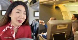 TIKTOK Of Jeenie dressed up as flight attendant on left and woman being served drink on the right