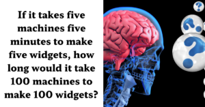split images of one of the IQ questions on the left, and skeleton with brain looking at circles with question marks on the right