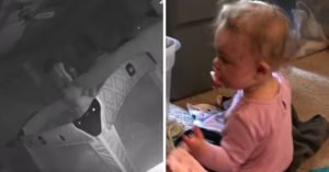 split image of crib on nanny cam, and baby and the baby on the right
