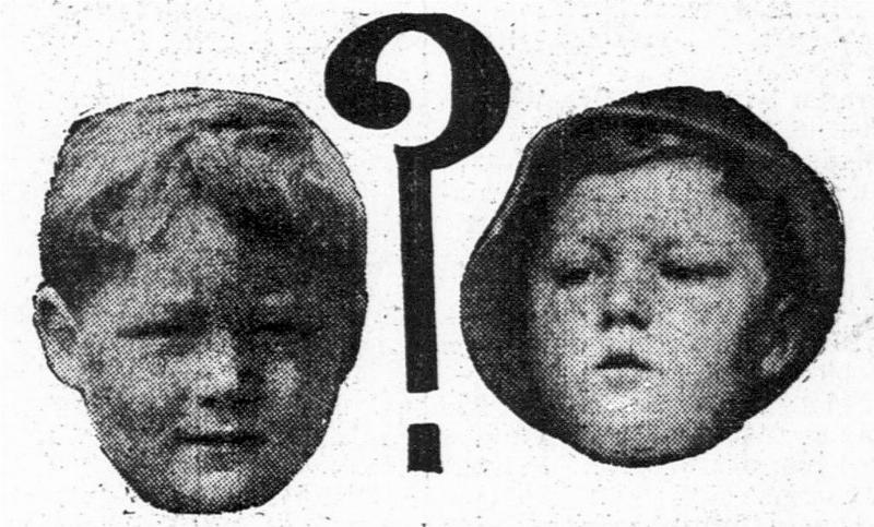 A depiction from a 1914 newspaper with the original heading: Are These Pictures of The Same Boy? with the description under the photos: (left) Bobbie Dunbar before he disappeared (right) The boy found and whom two mothers claim