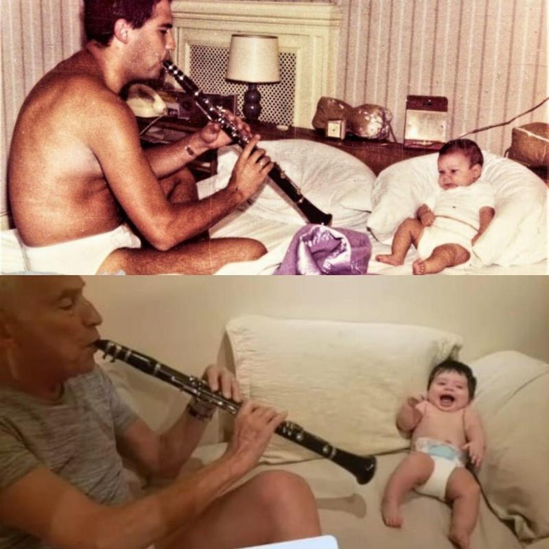 Alberto with daughter as a young dad and then with son at 83 in the same pose playing clarinette