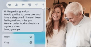 split image of text conversation from grandpa on the left and grandpa and grand daughter posing for picture on the right