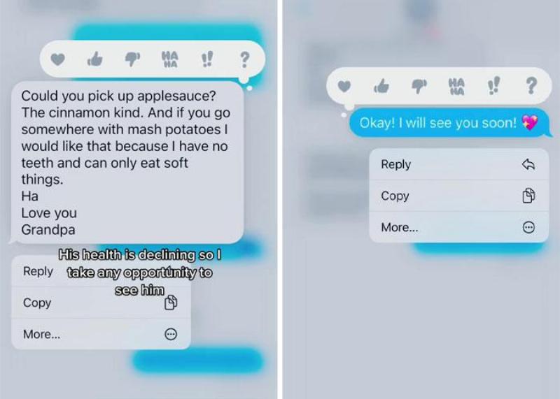 screenshots of grandpa texting to ask if grandaughter will pick up soft food