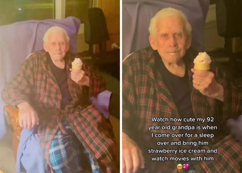 split image of grandpa in his role eating a cone of ice cream