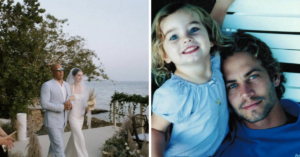 split image of Meadow walking on her wedding day and as a child with her dad