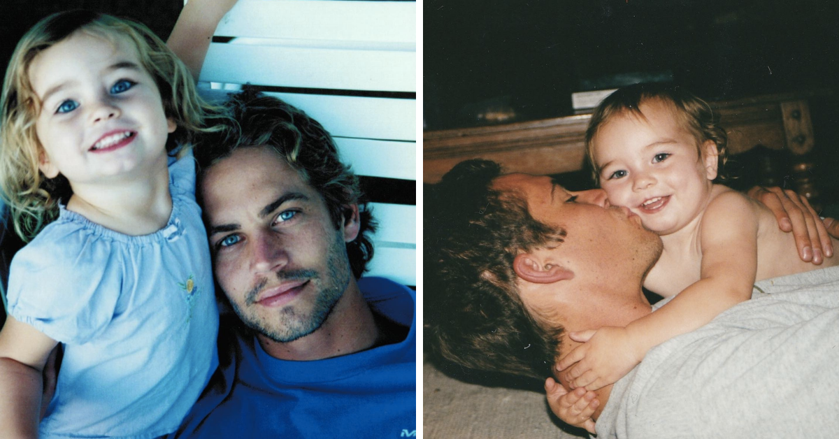 Paul Walker posing with young daughter on the left and kissing her cheek on the right