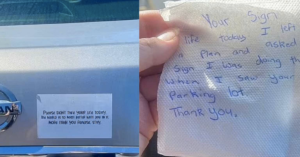 split image of motivational bumper sticker ont he left, and thank you note on napkin on the right
