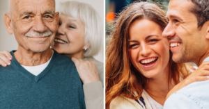 split image of older couple on te left and young couple on the right