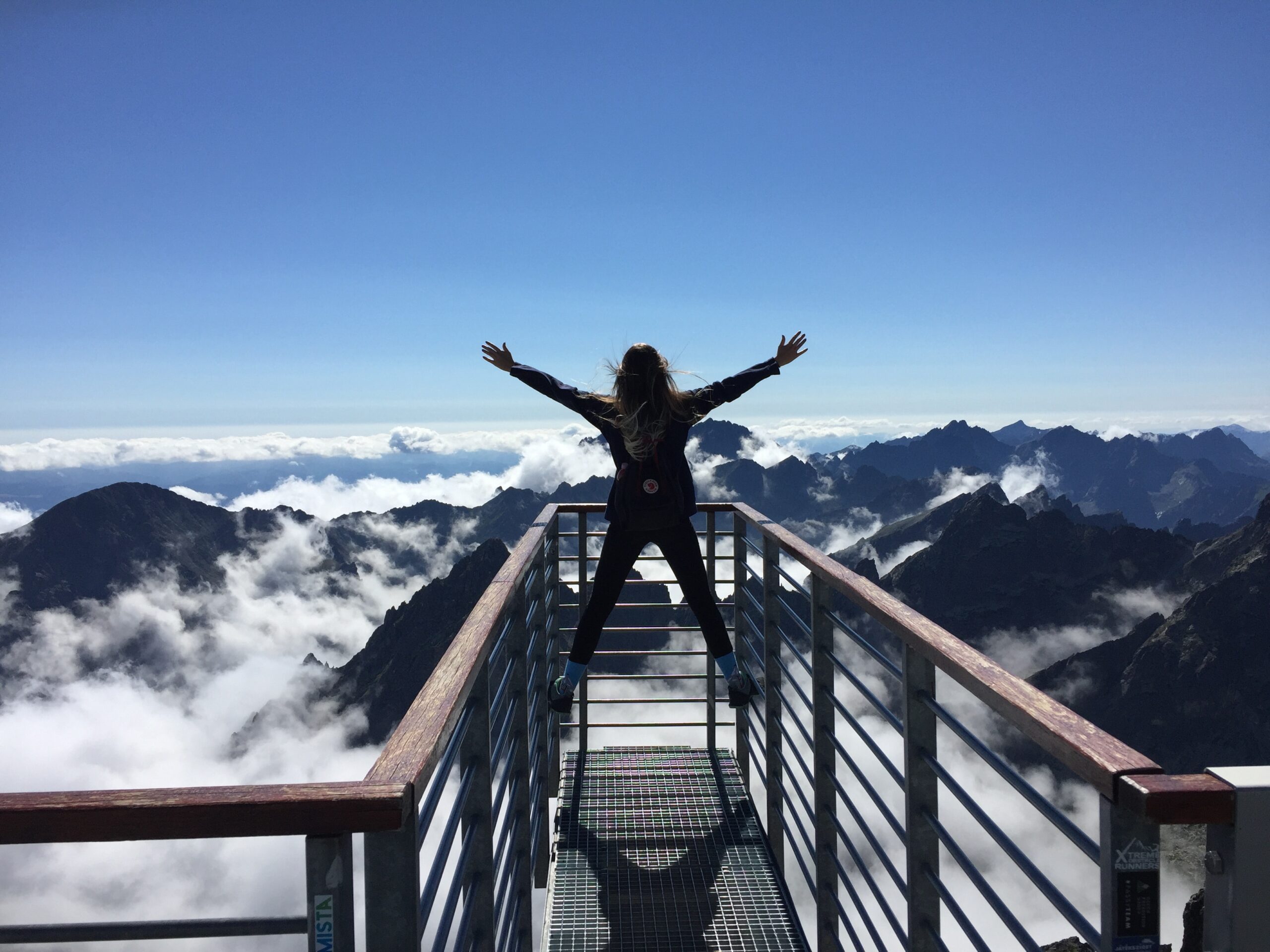 young woman standing on railings of snow capped mountain lookout